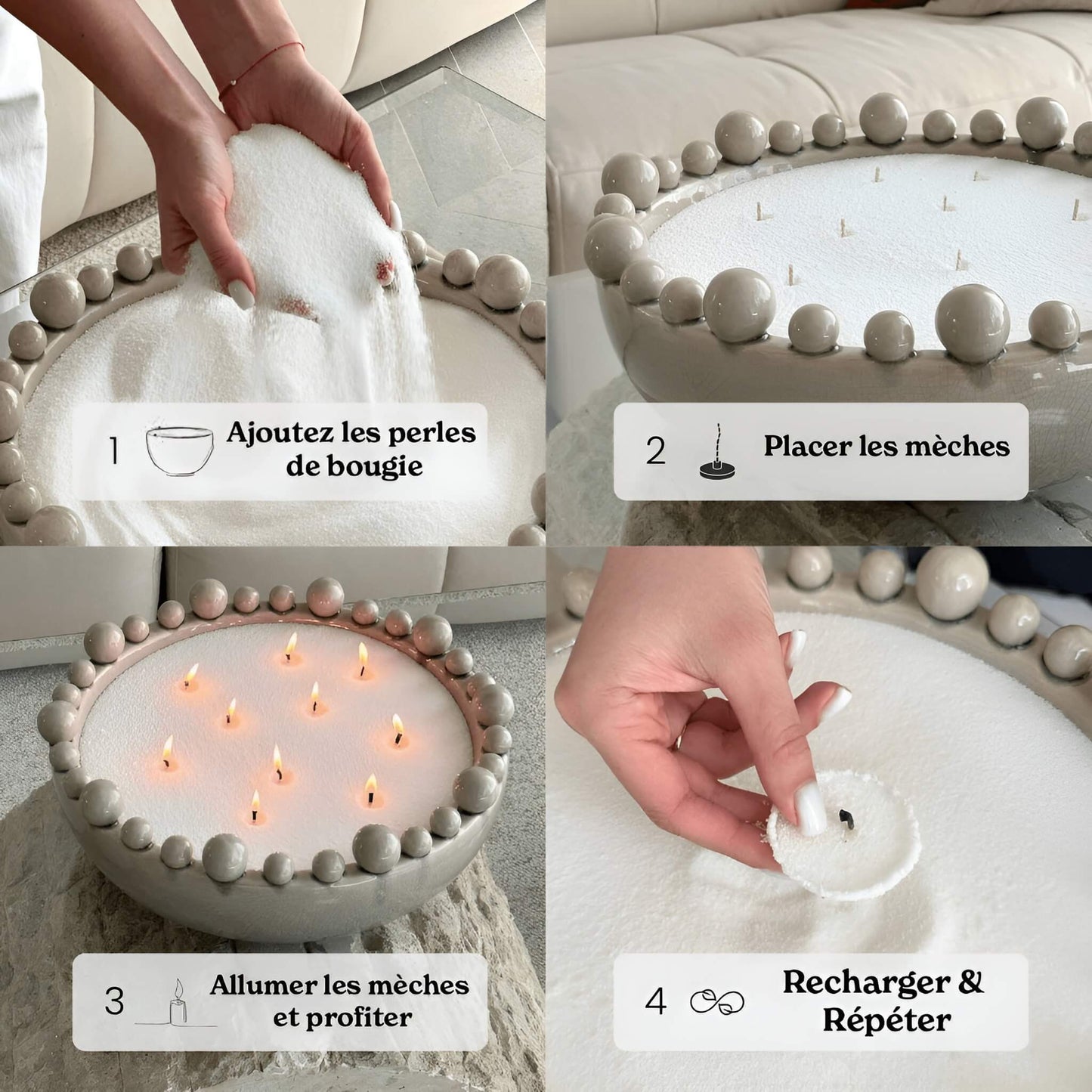 Tutoriel Enora-Bougie en 4 étapes : verser les perles de cire végétale, placer les mèches, allumer et profiter, puis recharger — bougie perlée décorative et réutilisable